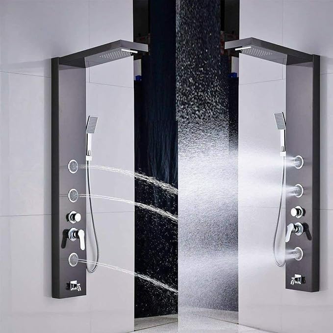 Panel de ducha columna combinado con grifo cascada lluvia negra, sistema de masaje corporal con chorros miniatura 7