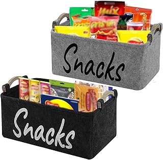 2 PCS Snack Bin Organizer for Pantry, Snack Basket Organizer for Countertop with Wooden Handles Thickened Felt Snack Storage Containers for Storing Chips Pretzels Cookies Popcorn and More
