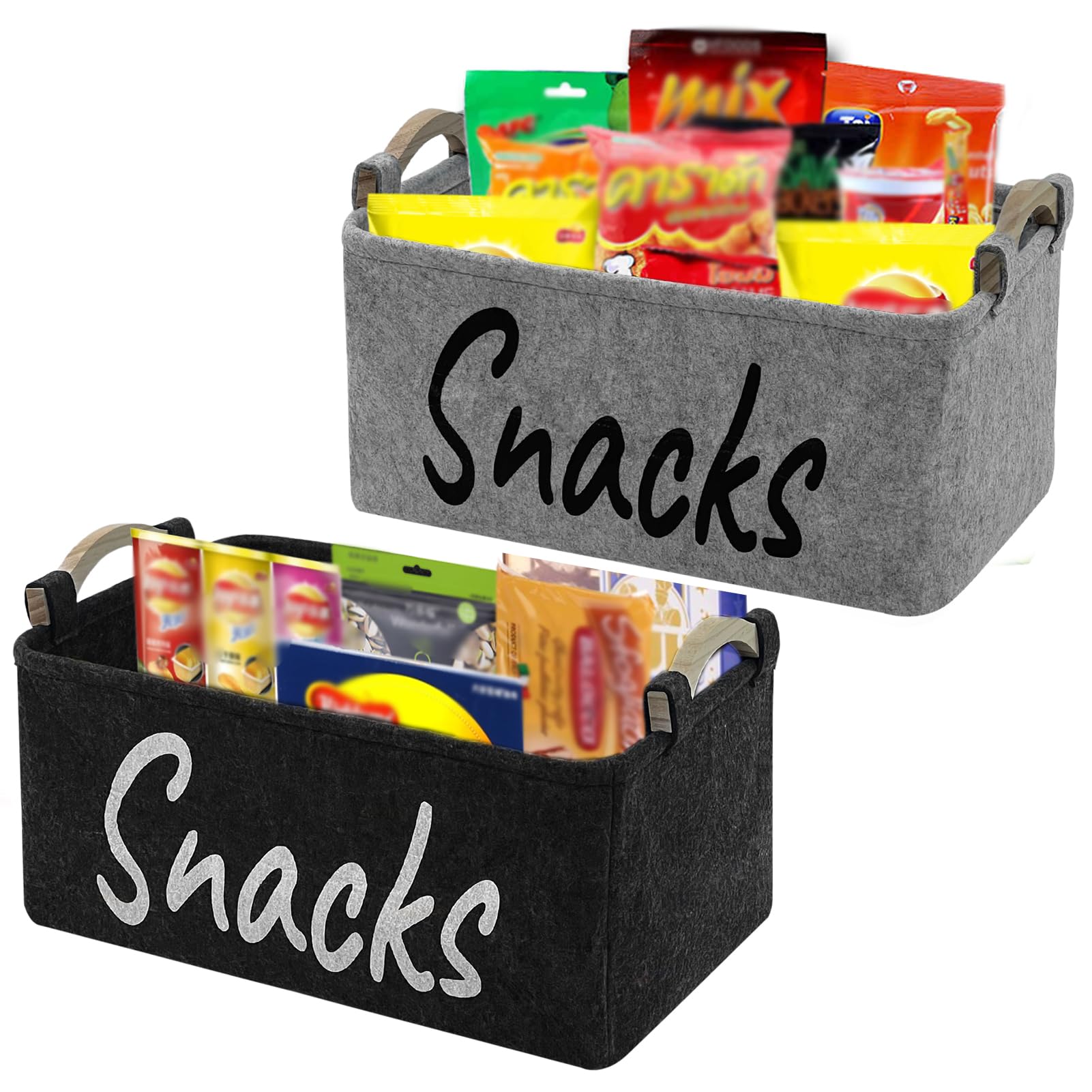 2 PCS Snack Bin Organizer for Pantry, Snack Basket Organizer for Countertop with Wooden Handles Thickened Felt Snack Storage Containers for Storing