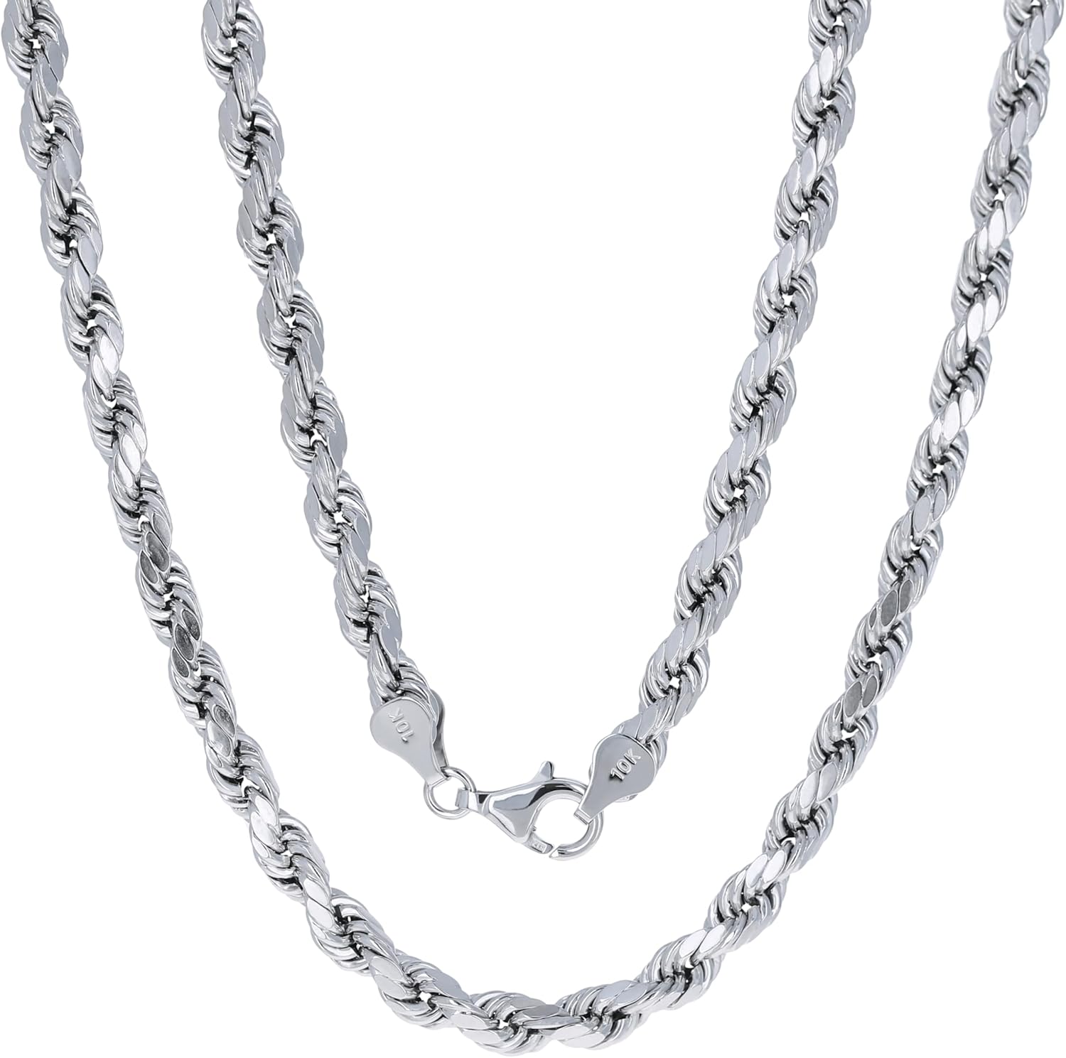 Nuragold 10k Real White Gold 6mm Rope Chain Diamond Cut Necklace (18"-30") Italian Jewelry for Men
