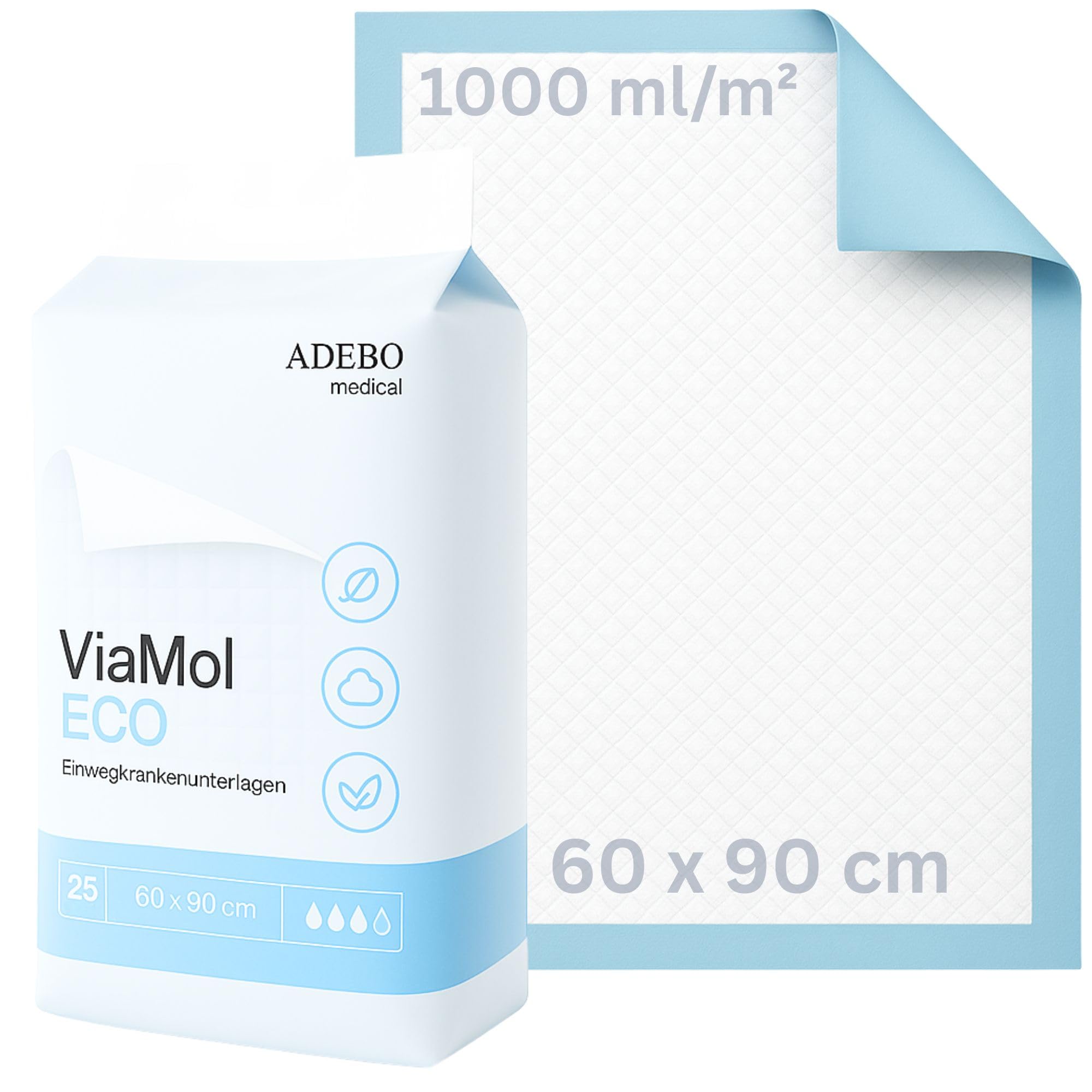 ViaMol® Eco | 300 | Inkontinenzunterlagen Einweg 60x90 cm – Saugstarke Krankenunterlagen 5-lagig, 1000 ml/m² – Weiche & rutschfeste Bettunterlagen bei Inkontinenz - Wickelunterlagen