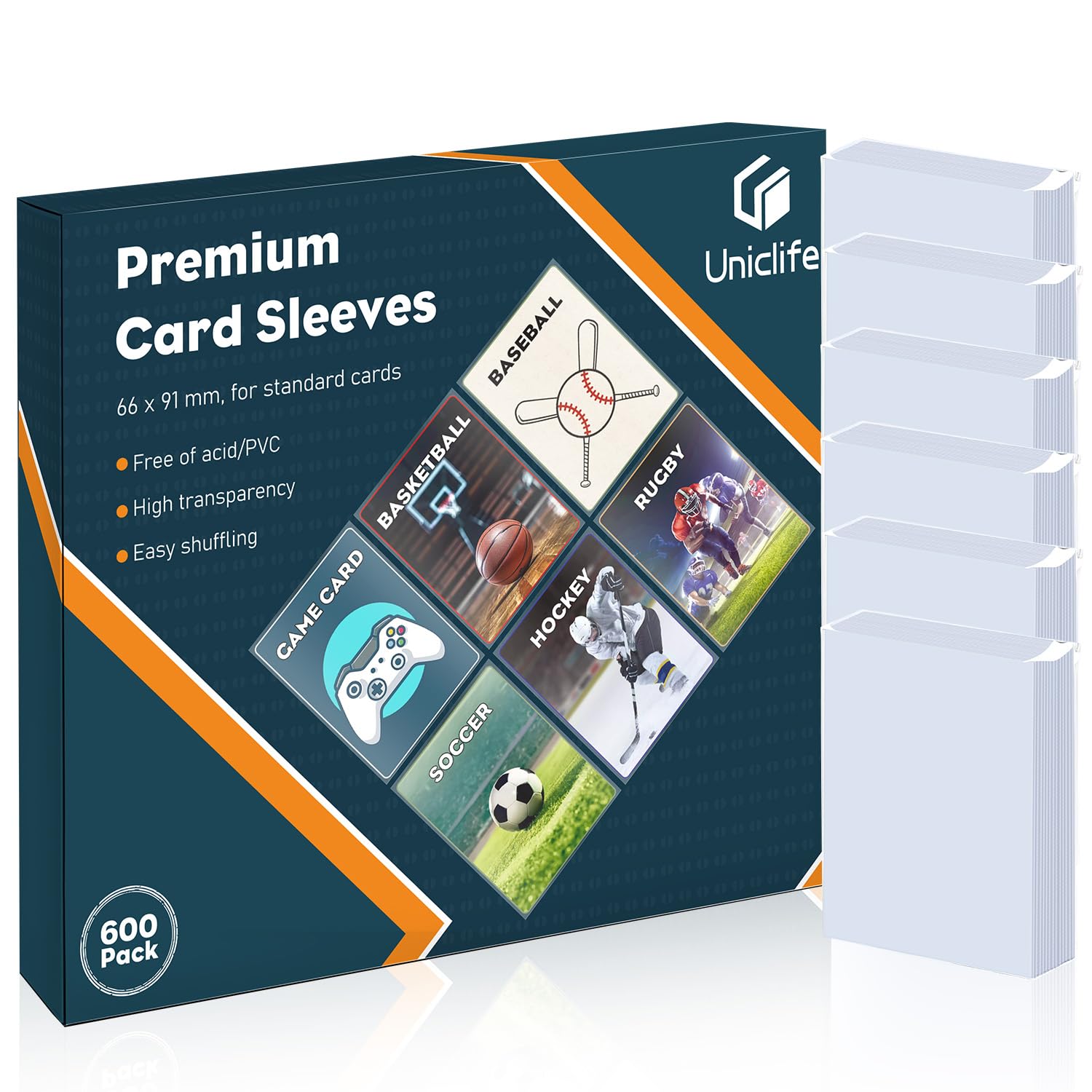 Uniclife 600 Counts Trading Card Sleeves Ultra Clear Penny Sleeves for Trading Cards Baseball Card Sleeves Card Protectors for Sports Cards MTG Cards Football Cards Photocards, 66 x 91 mm