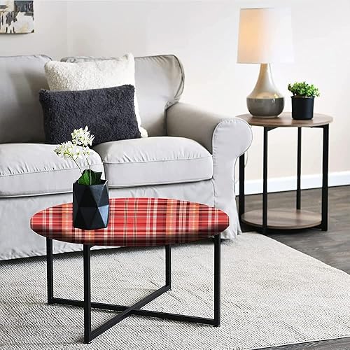 Miniatura 5 de Mantel elástico, mantel decorativo de tela a cuadros, patrón de cuadros rojo, rosa, naranja, líneas blancas, se adapta a mesas redondas de 23