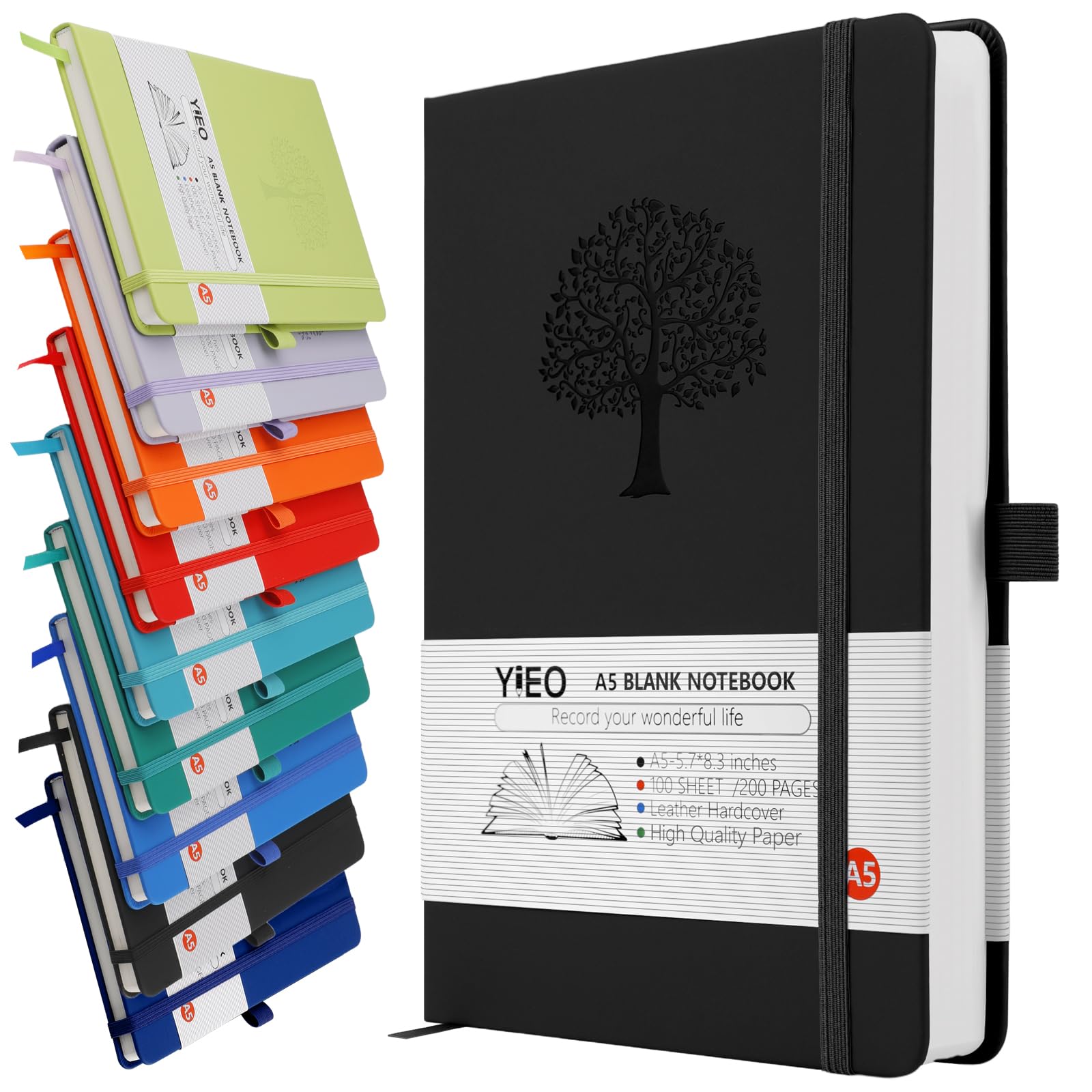 YIEO A5 Notebook Blank Journal, 200 Pages Hardcover Leather Sketch Book with 80GSM Plain Paper, Unlined Notepad, Sketchbook for Women Men Work School Drawing, 14.5 x 21cm-Black