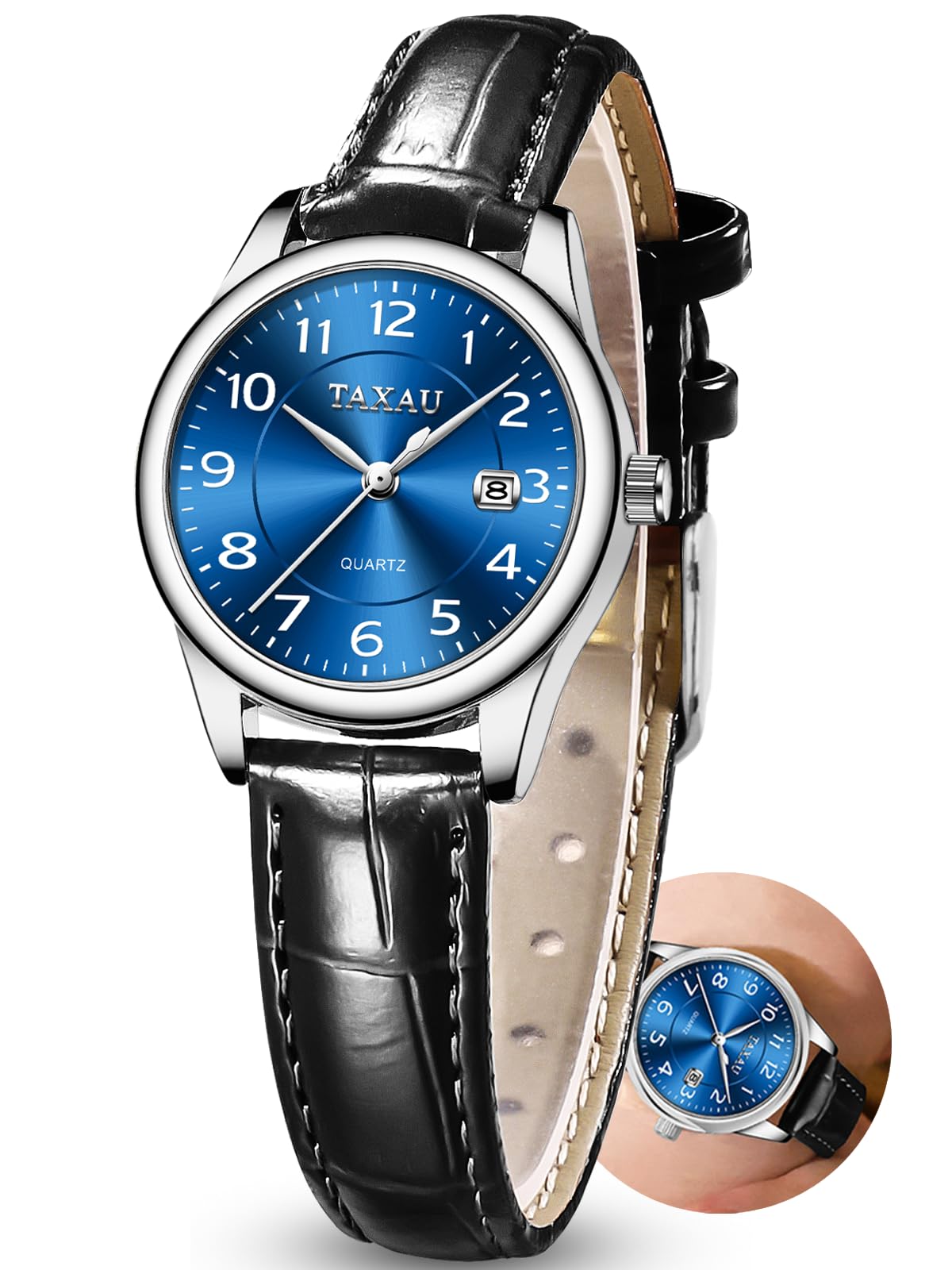 Taxau Damenuhr Lederarmband Analog Quarz–Elegante Armbanduhr Damen mit Datumsanzeige, Kleine 28mm Damen Uhr, 3Bar Wasserdicht,Klassisches Design Geschenke für Frauen