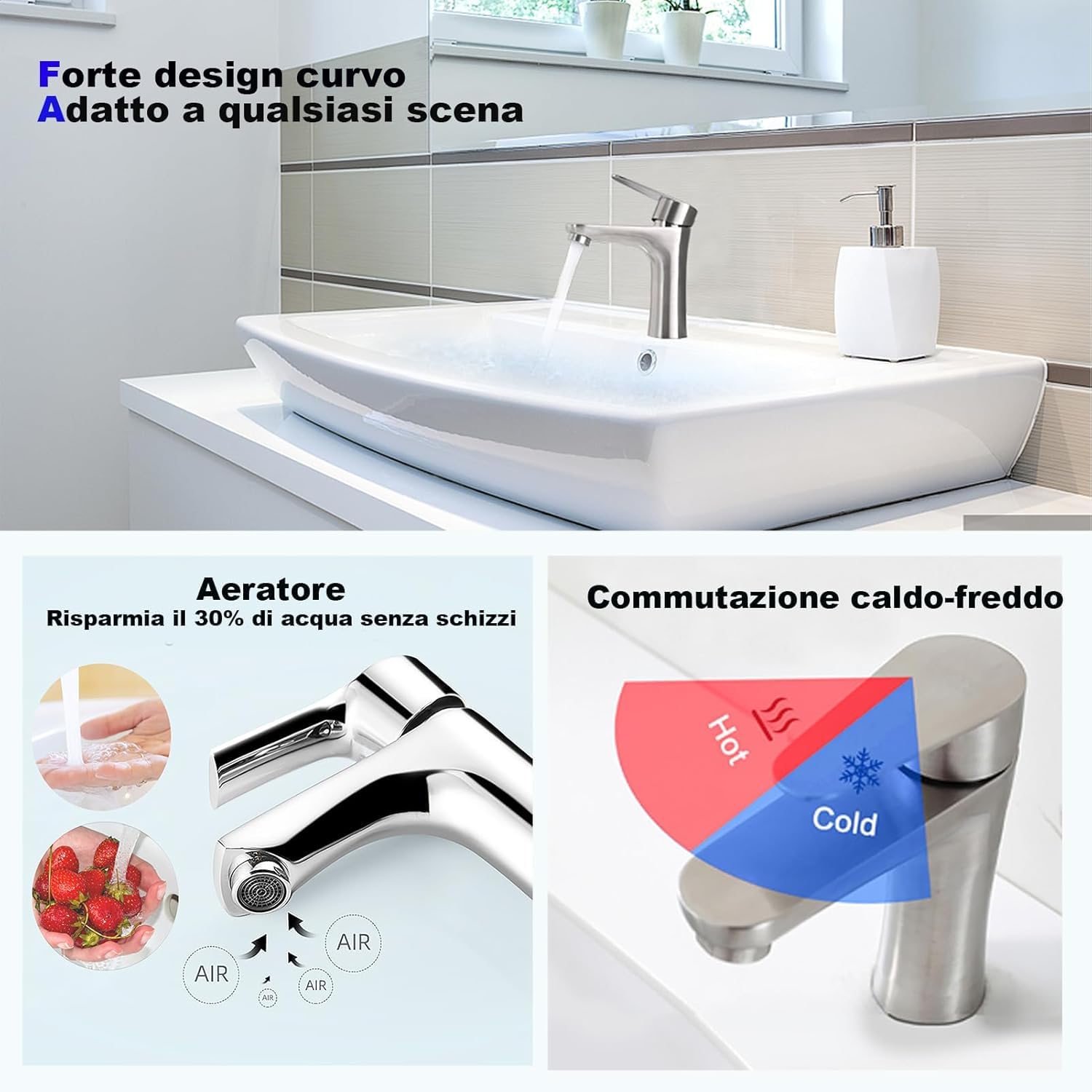 XWIHTR Rubinetto da bagno caldo e freddo in acciaio inox con cartuccia ceramica silenziosa, monocomando, miscelatore a risparmio idrico per lavabo per bagno, lavabo, angolo cottura (spazzolato)