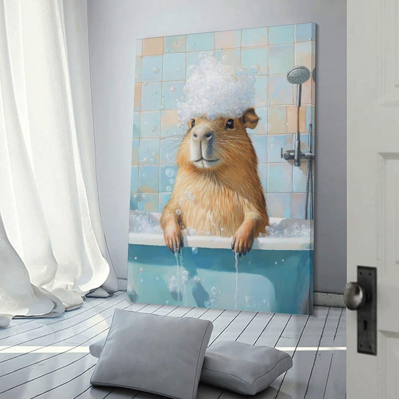Junmoney Frame-Style-14 Capybara Bath Time Canvas Wall Picture, 20X30inch(50X75cm), For Flats, Guest Rooms Or Compact Rooms, An Easy Choice For New Home Styling