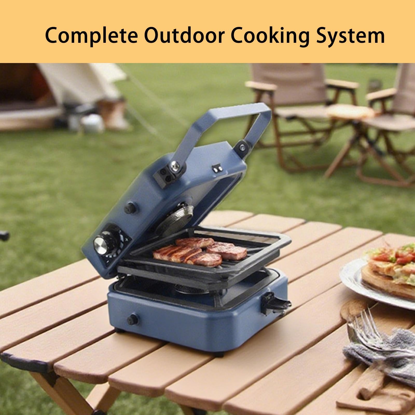 Estufa de camping portátil de 2 quemadores con plancha, quemadores ajustables y encendido piezoeléctrico para cocinar al aire libre