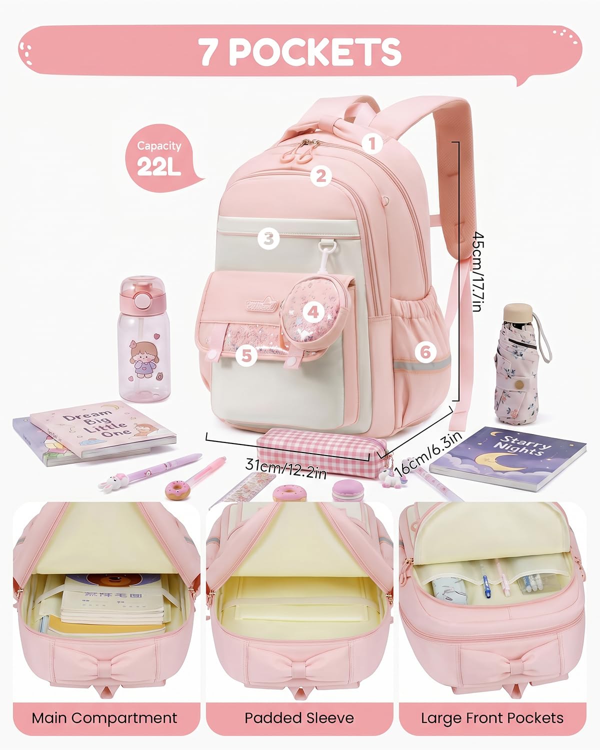 Tanou Mochila Escolar Niña Ergonómica Impermeable 7 a 12 años