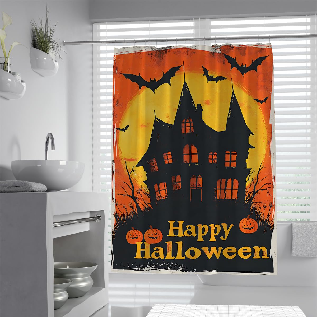 UIRINGART Spooky Happy Halloween Castle Shower Curtain W120xL180cm Orange Full Moon Big Bat Pumpkin Lantern Anti Mould Waterproof Bathtub Screens for Wet Room with Hooks