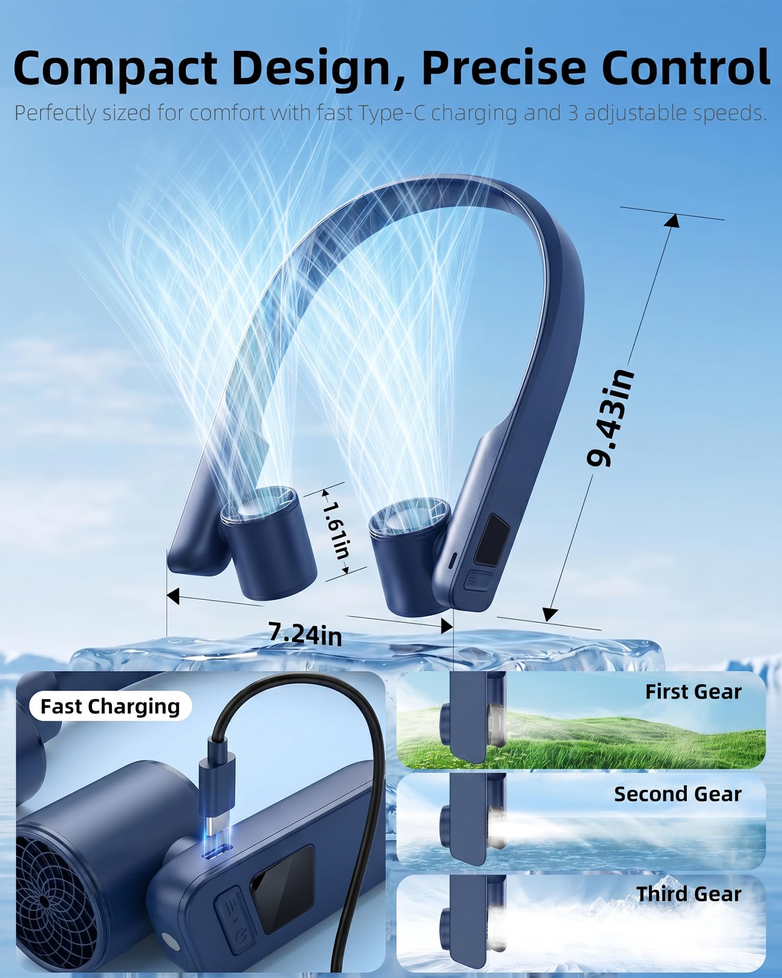 FrSara Ventilatore portatile da collo che soffia aria fredda ricaricabile, dispositivo di raffreddamento personale alimentato a batteria con USB di tipo C, display a LED, luce, 3 velocità, 3000 mAh