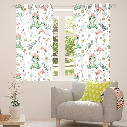 Miniatura 2 de Erosebridal Cortinas de ventana con rana verde y hongo rosa Kawaii Cortinas opacas de rana de árbol lindas Cortinas de animales para decoración de