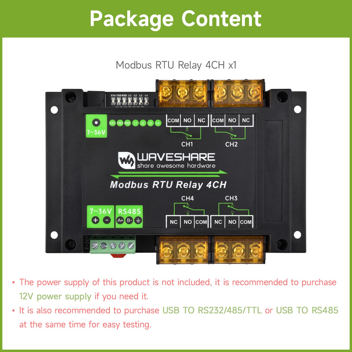 Package contents of Waveshare Modbus RTU Relay 4CH