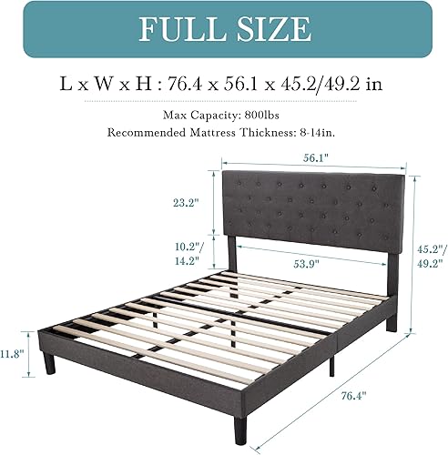 Miniatura 2 de HOOMIC Base de cama de tamaño matrimonial con cabecera ajustable de diamante  marco de cama tapizado de tela  base de colchón  listones de madera
