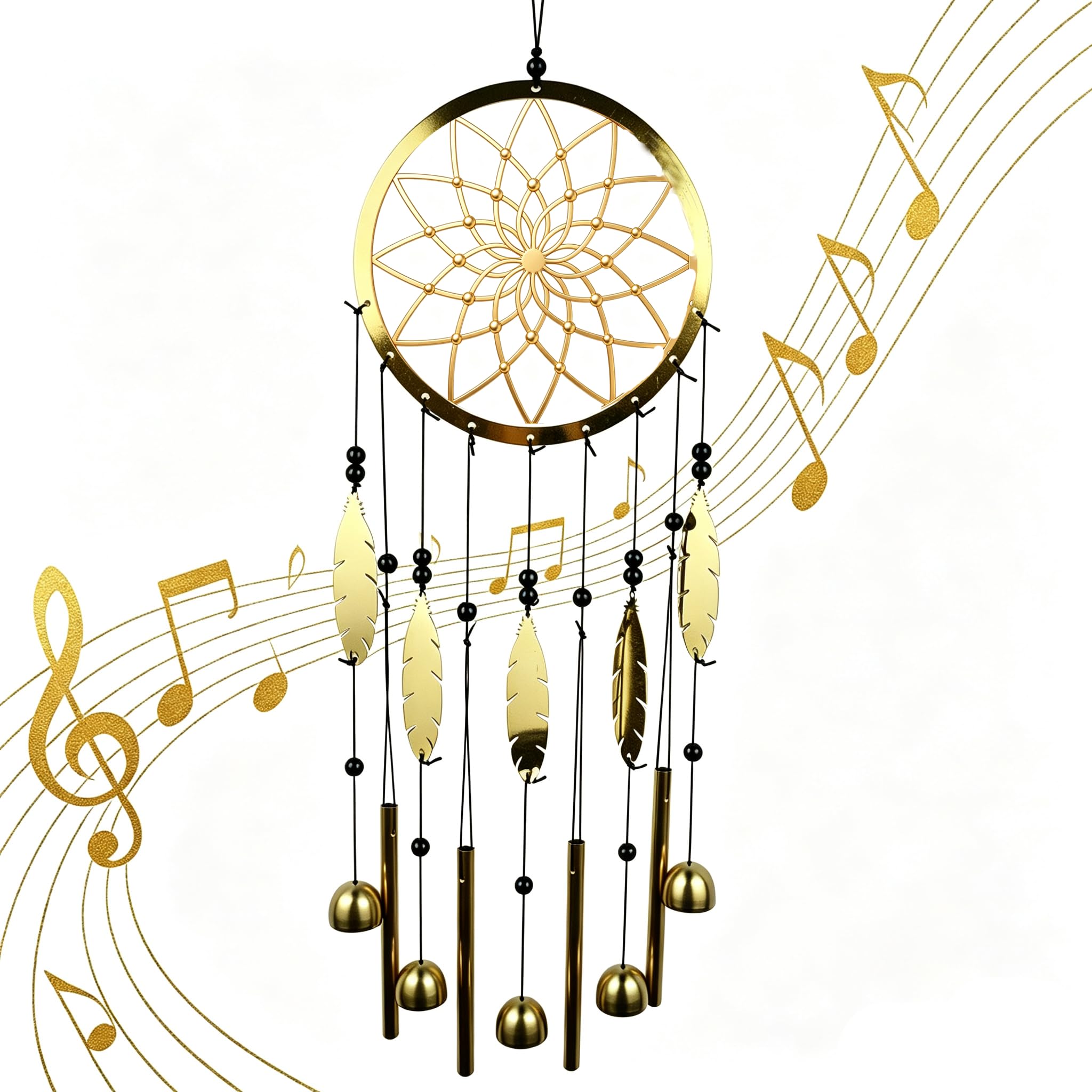 Remorlet Dream Catcher Wind Chimes for Outside, Gold Metal Howling Wolf Windchimes with Bells & Feathers, Gift for Wolf Lovers Chimes Wolves