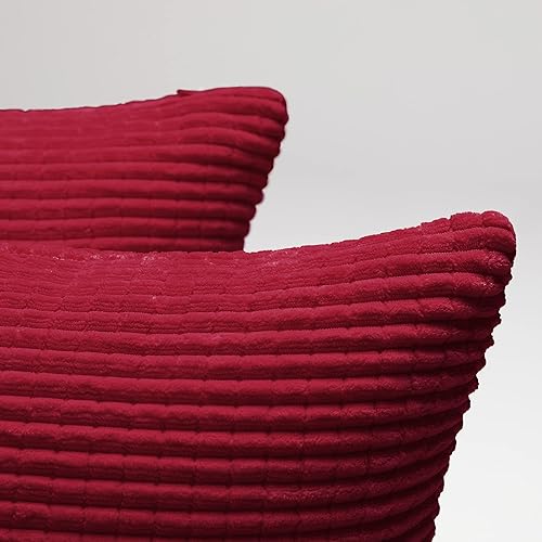 Miniatura 5 de Deconovo - Juego de 2 fundas de cojín de pana suave, 18 x 18 pulgadas, patrón de rayas color liso rojo oscuro, fundas decorativas para sala de estar