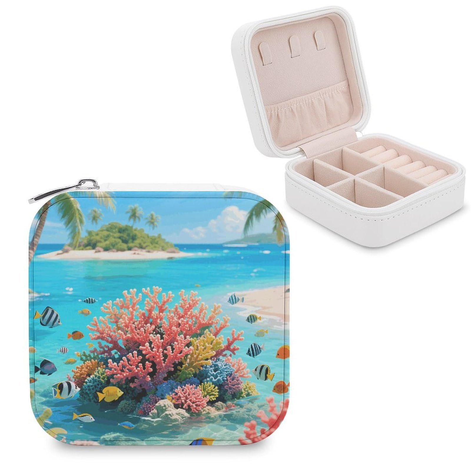 VstaDank Island Corals Jewelry Organizer Travel Case for Women With Zipper Mini Jewelry Case PU Leather Jewelrys Box for Rings Necklaces Bracelets Earring Holder Organizer Storage