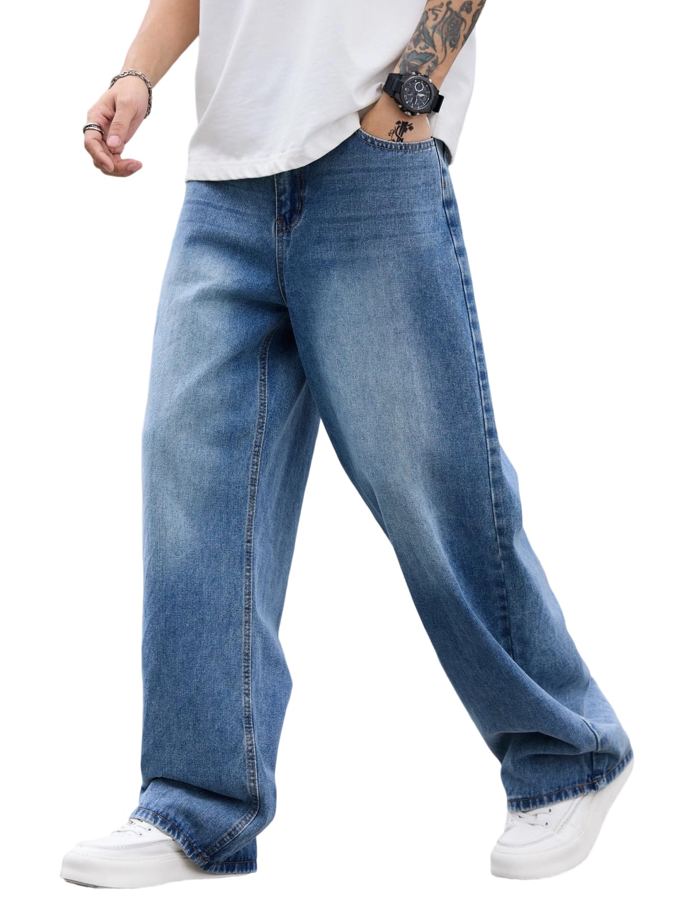 DFGIGT Mens Baggy Jeans Distressed Wide Leg Denim Pants Casual Loose Fit Trousers Streetwear
