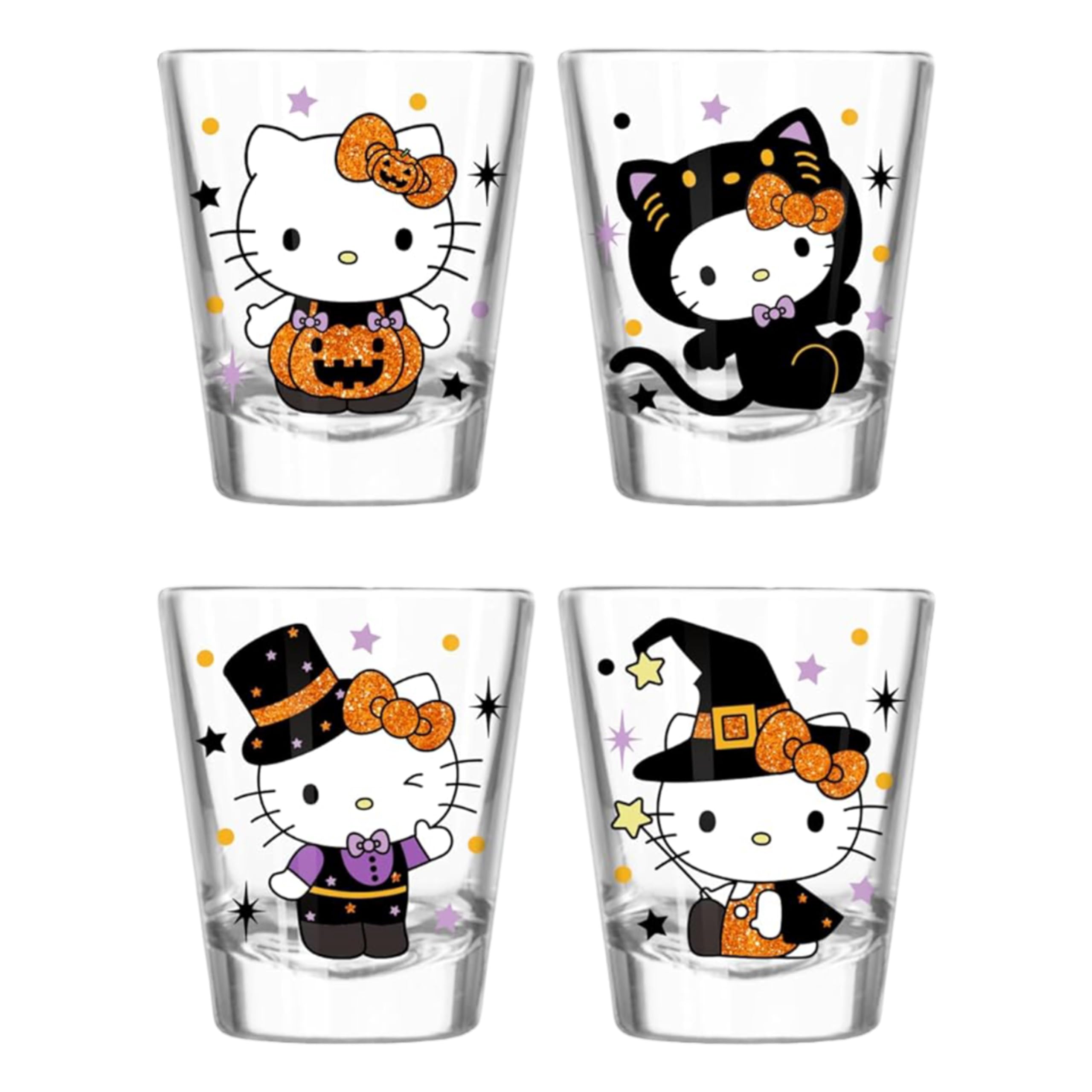 Silver Buffalo Sanrio Hello Kitty Halloween Spooky Costumes Glitter 4 Pack Mini Glass Set, 1.5 Ounces