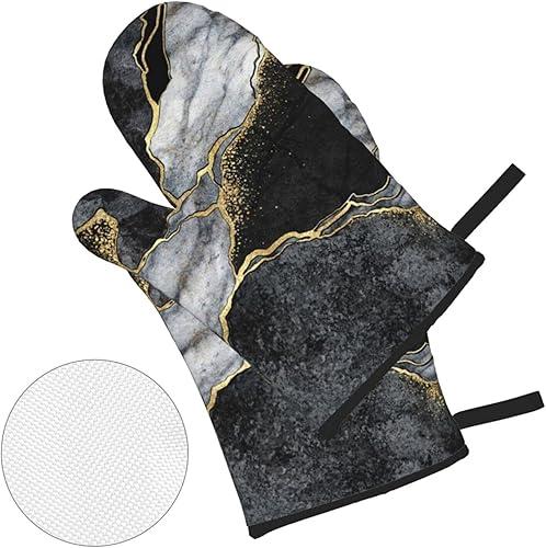 Miniatura 2 de Juego de 4 manoplas de horno y soportes para ollas, guantes de cocina de mármol negro y dorado, resistentes al calor, antideslizantes, para chef,