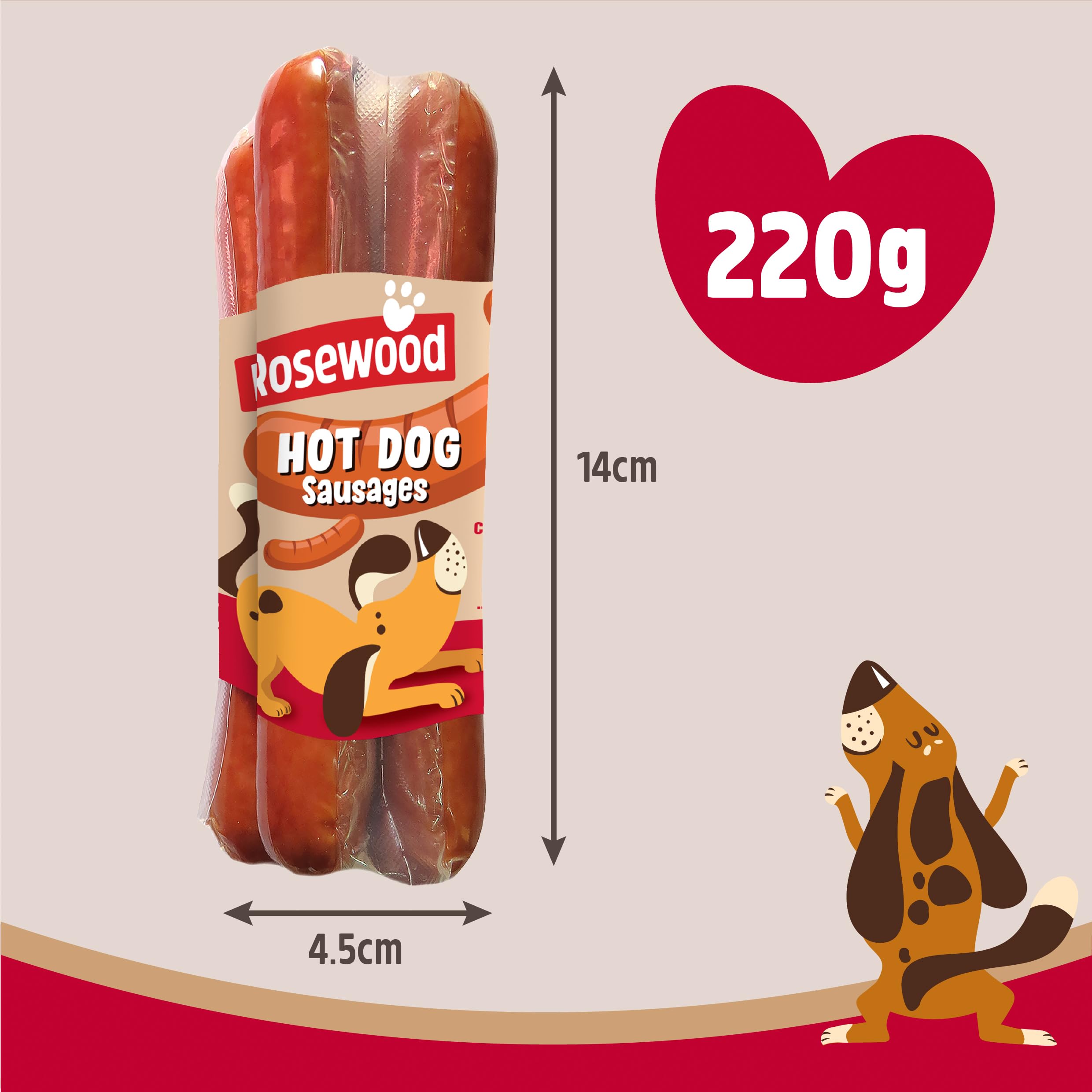 Rosewood Hot Dog Würstchen für Hunde – Glutenfreie Würstchen, hergestellt mit echtem Huhn- und Schweinefleisch, fleischige Leckereien für kleine, mittlere, große Hunde und Welpen (12 x 220 g)