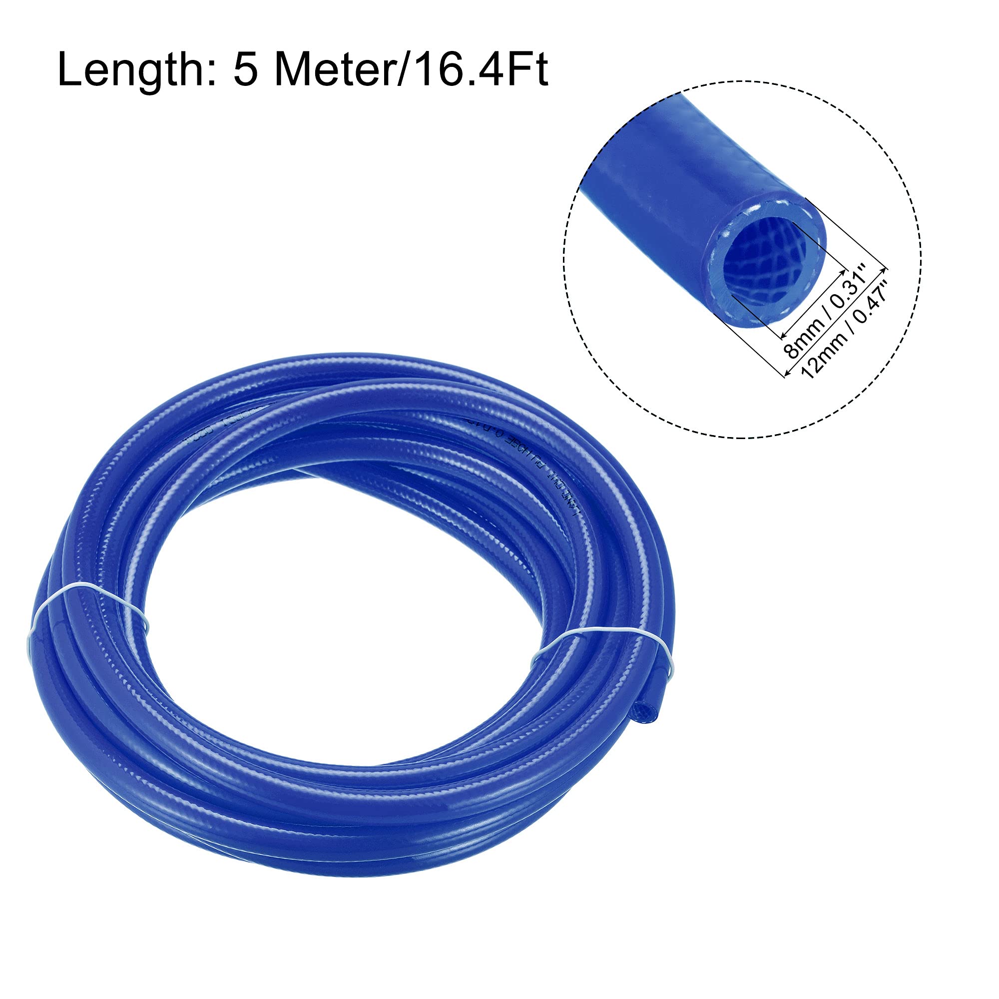 Tuyau d'air pneumatique Tube tressé en PU 8mm(5/16 '') IDx12mm(15/32'') ODx16.4Ft Bleu pour compresseur d'air, Transport de Liquide