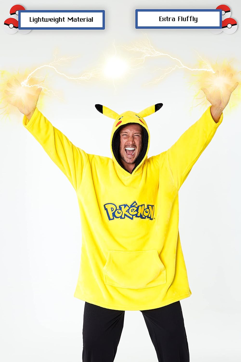Pokemon Blanket Hoodie, Oversized Hoodies for Men, Extra-Comfy Oversized Hoodie Blanket, Wearable Blanket Adult & Teens’ One Size Fits All Design, with 3D Ears, Kangaroo Pocket, & Pikachu Embroidery