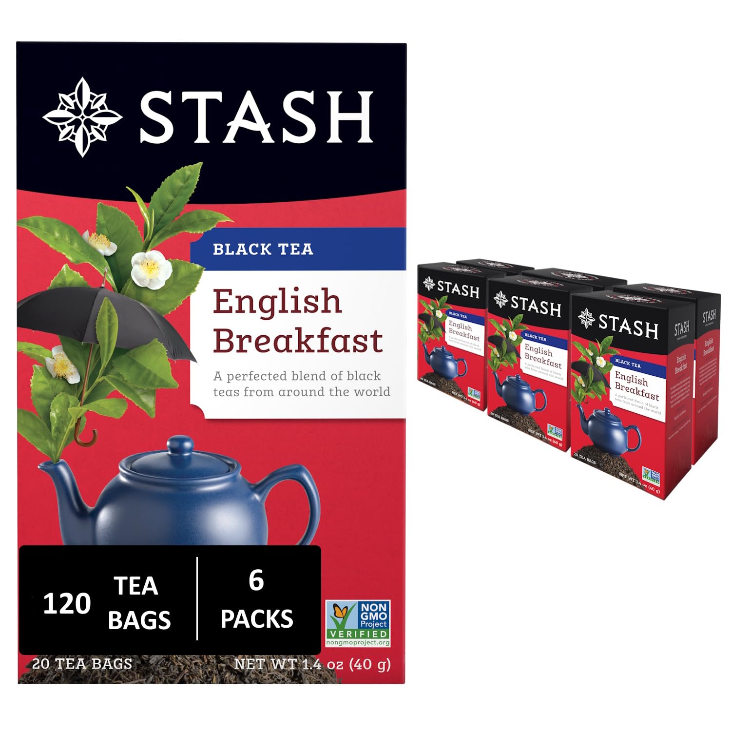 Stash Tea English Breakfast Black Tea - Caffeinated, Non-GMO Project Verified Premium Tea with No Artificial Ingredients, 20 Count (Pack of 6) - 120