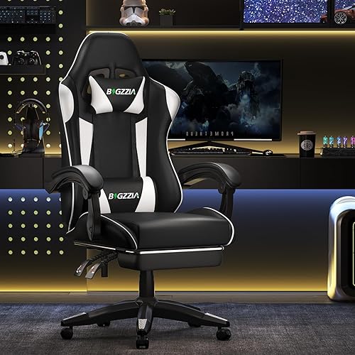Miniatura 2 de Bigzzia Silla para videojuegos, silla de jugador con reposapiés y soporte lumbar de masaje, silla de videojuegos de altura ajustable con asiento