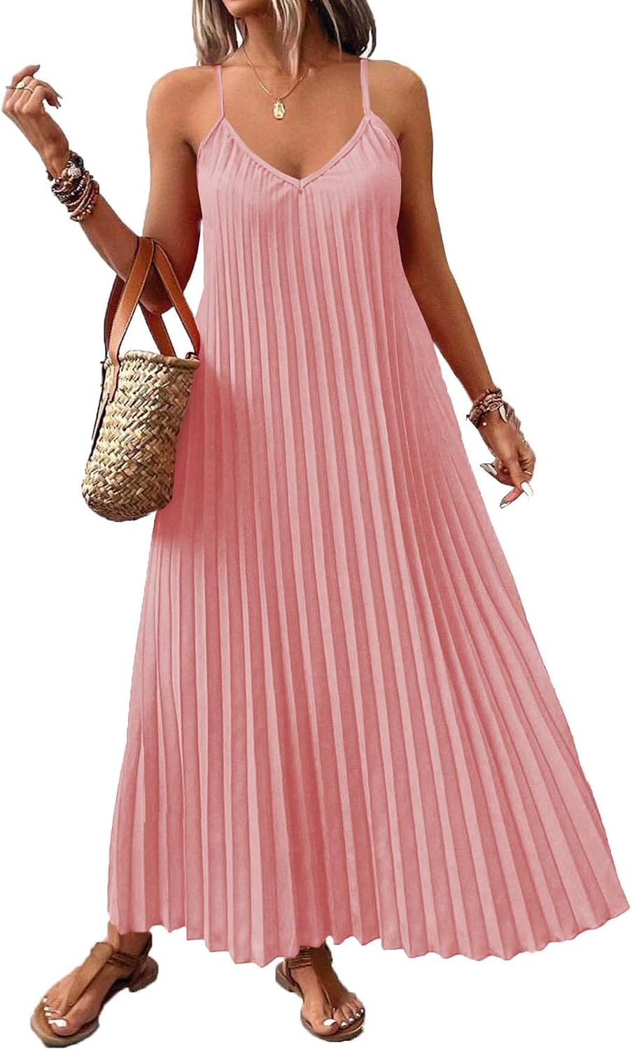 Women's Summer Casual V Neck Sleeveless Strappy Pleated Flowy Loose Maxi Long Beach Dress