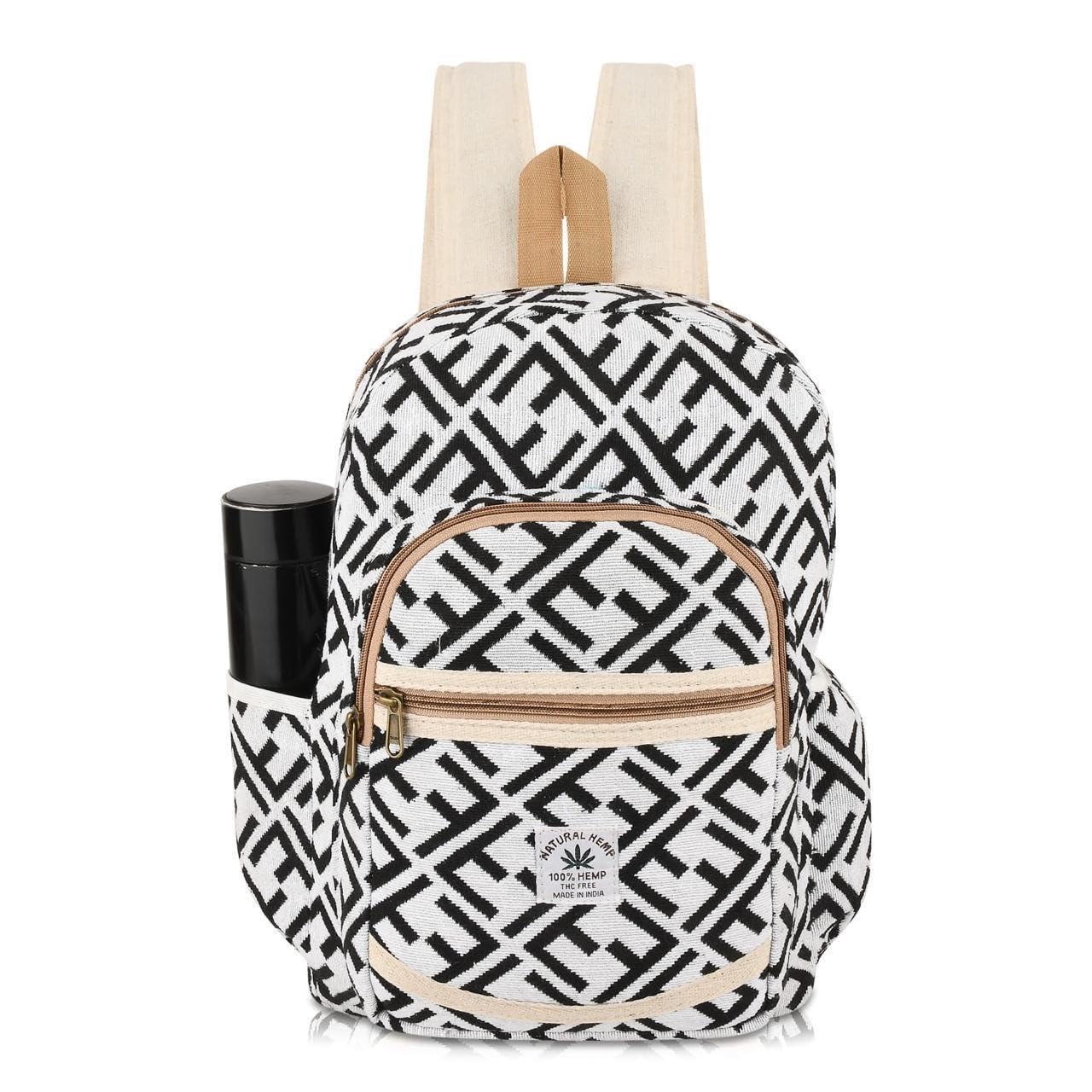Natural Hemp 100% Hemp Backpack, Black and White Geometric Print, THC Free, Made in India-image-6