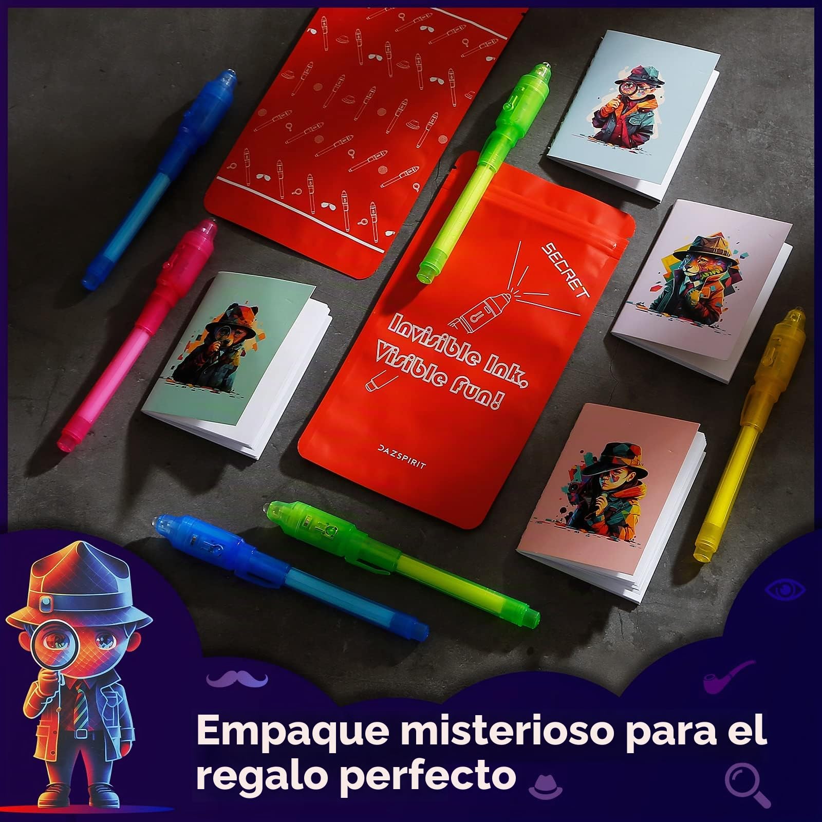 DazSpirit 32pcs Bolígrafo Tinta Invisible y Libreta, Tema de Detectives Boli Magico Regalos Cumpleaños Niños, Boli Tinta Invisible para Escribir mensajes secretos, Piñatas de Cumpleaños (DB0002)