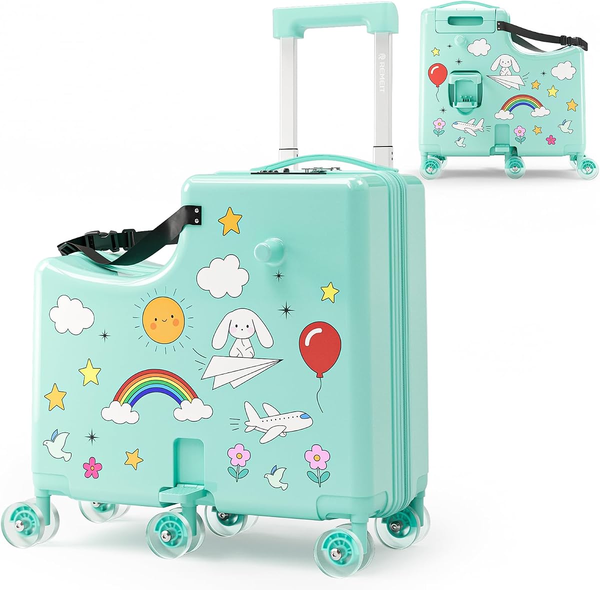 20" Ride-On Suitcase for Kids, Kids Ride on Luggage with Toddler Seat, 6 Spinner Wheels, TSA Lock, Safety Belt, Foldable Pedal & Cup Holder, Carry on Luggage for Ages 2–7, Green