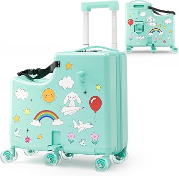 20" Ride-On Suitcase for Kids, Kids Ride on Luggage with Toddler Seat, 6 Spinner Wheels, TSA Lock, Safety Belt, Foldable Pedal & Cup Holder, Carry on Luggage for Ages 27, Green