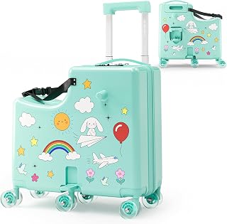 아동용 50.8cm(20인치) 라이드온 슈트케이스, 유아용 시트가 있는 아동용 라이드온 수하물, 스피너 휠 6개, TSA 잠금 장치, 안전 벨트, 접이식 페달 및 컵 홀더, 만 2~7세용 휴대용 수하물, 그린
