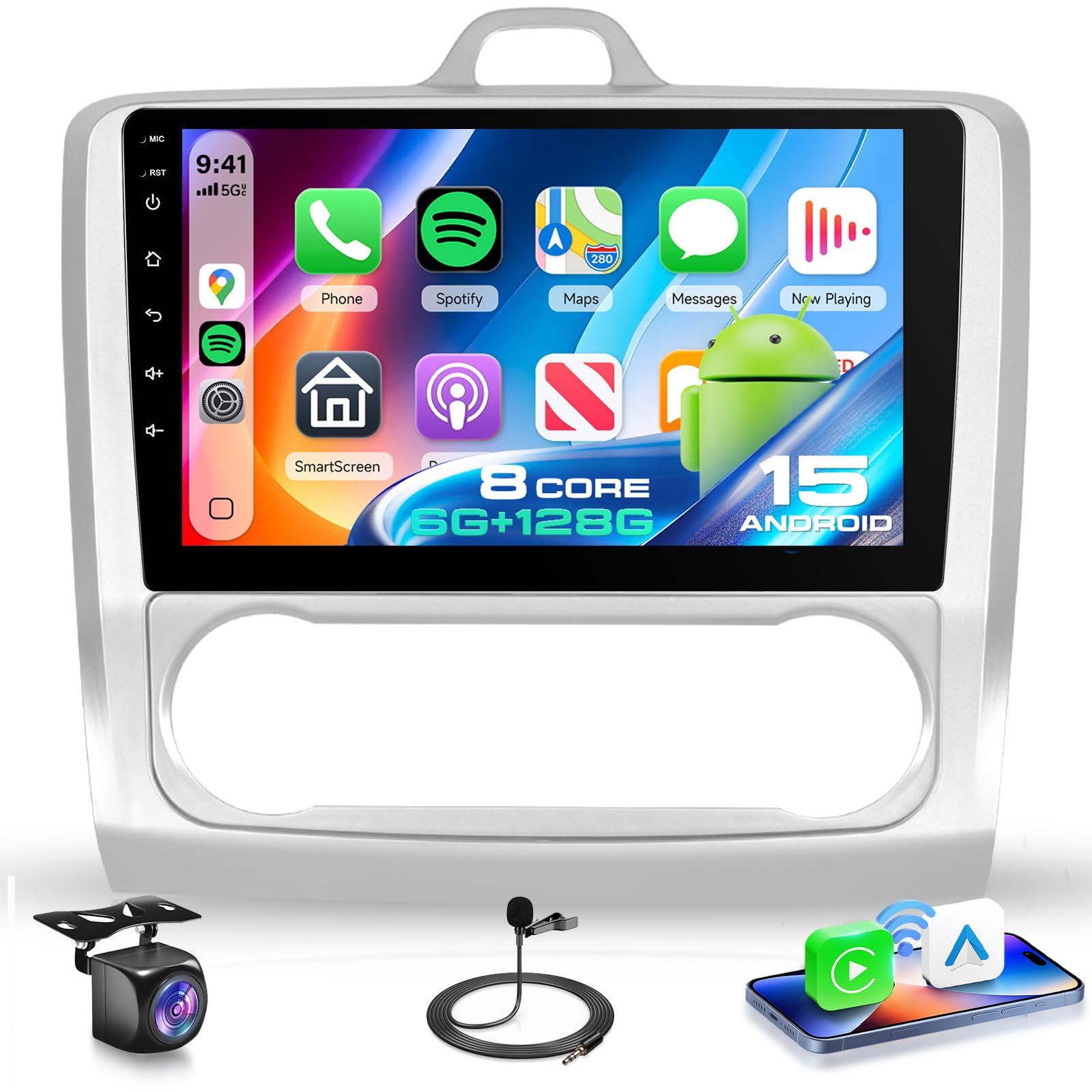 VECHTEL 8 Core 6G+128G Android 15 Radio de Coche para Ford Focus Mk2 II 2 2004-2011, 9'' IPS HD Pantalla Táctil con Carplay Android Auto Inalámbrico DSP GPS Wi-Fi USB Bluetooth FM RDS Cámara Trasera