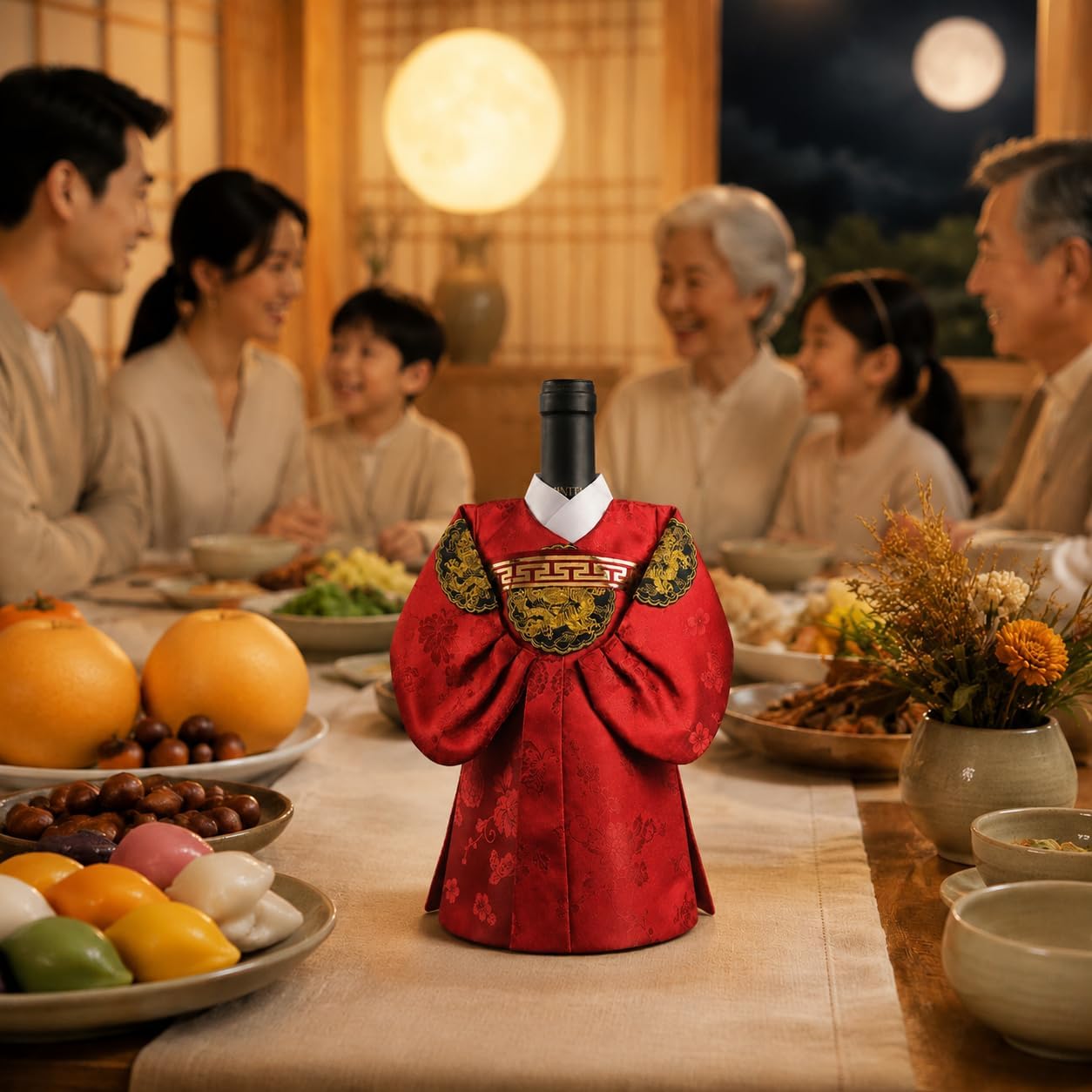 Korean Hanbok Wine Bottle Cover for 750ml, Wine Accessory - Red