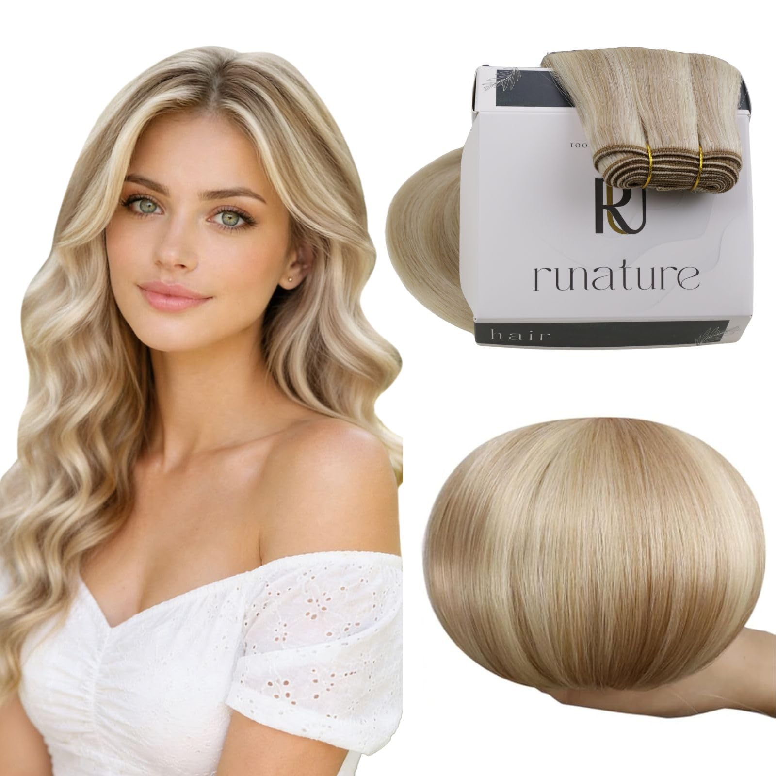 RUNATURE Extensiones Cortina Pelo Natural Rubio Ceniza Oscuro y Rubio Claro 35cm 100g Extensiones en Cortinas de Cabello Humano Liso #18AP60