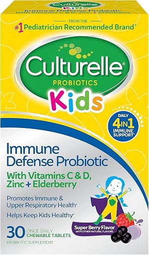 Culturelle Kids Daily Immune Defense Probiotic Chewables, Ages 3+, 30 Count | From the #1 Pediatrician-Recommended Brand±, Digestive Gut Health, 4-in-1 Immune Support*, Zinc, Vitamins C & D, Elderberry