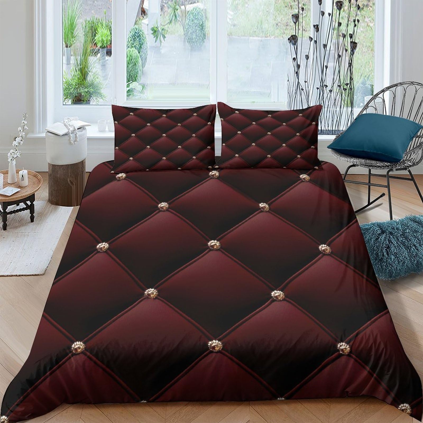 GPLZQXKJNH 3D Printed Burgundy Tufted Leather Duvet Cover Microfiber Soft Breathable Diamond Button Bedding Set with 2 Pillowcases for Bedroom Decor Single（135x200cm）