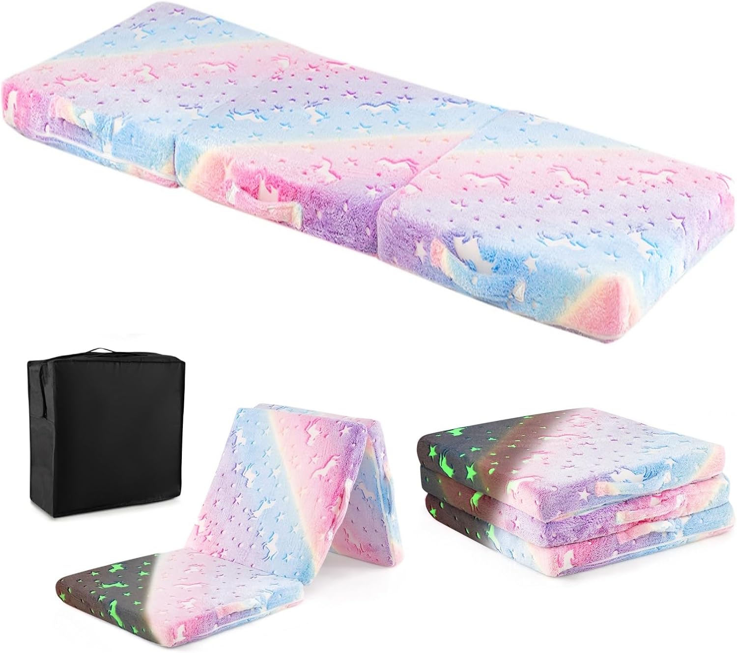 Costzon Foldable Floor Mattress for Kids, Glow in The Dark Toddler Floor Nap Mat w/Washable Flannel Cover, Tri-Folding Children Floor Bed for Sleeping Daycare Playroom, School, Kindergarten or Nursery