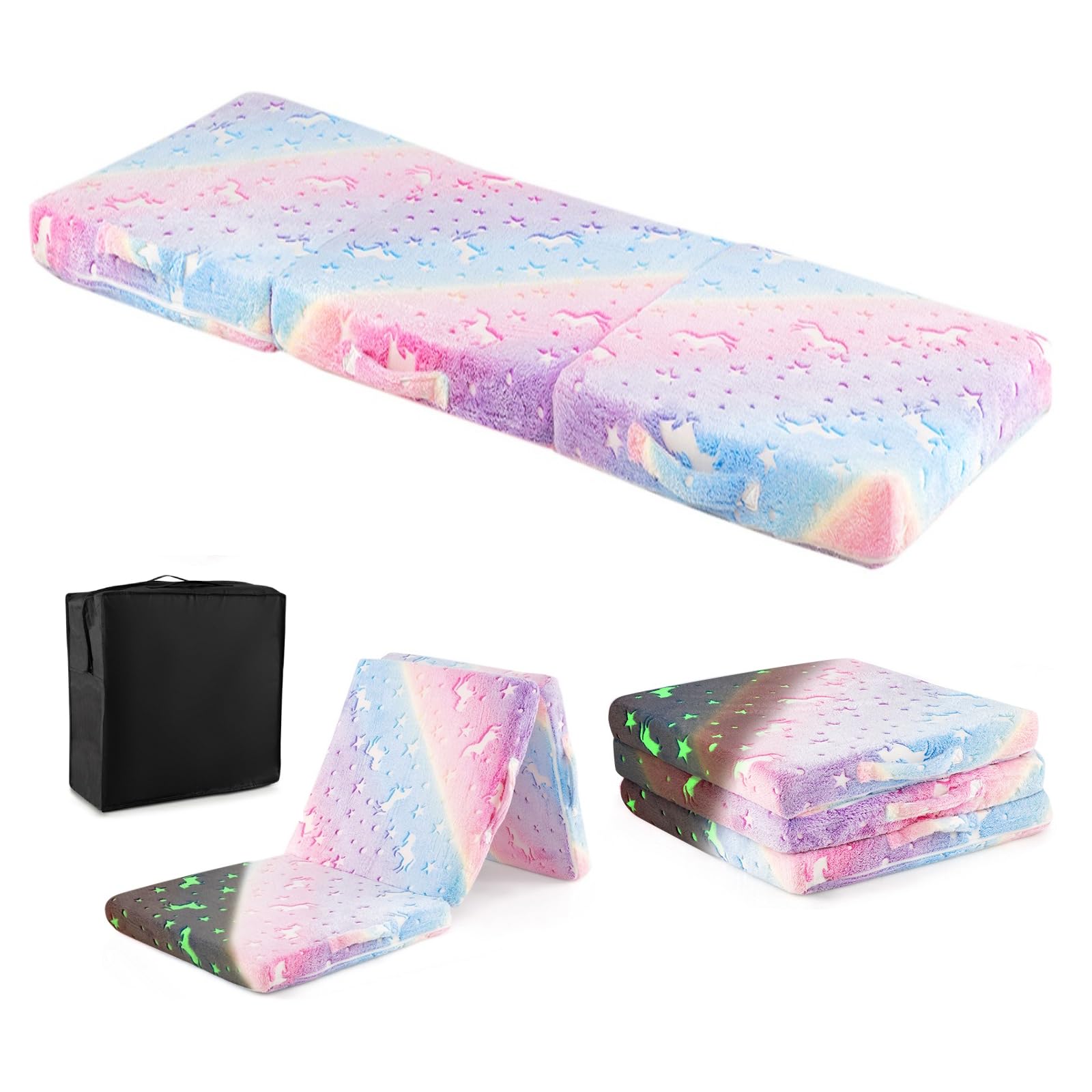 Costzon Foldable Floor Mattress for Kids, Glow in The Dark Toddler Floor Nap Mat w/Washable Flannel Cover, Tri-Folding Children Floor Bed for Sleeping Daycare Playroom, School, Kindergarten or Nursery