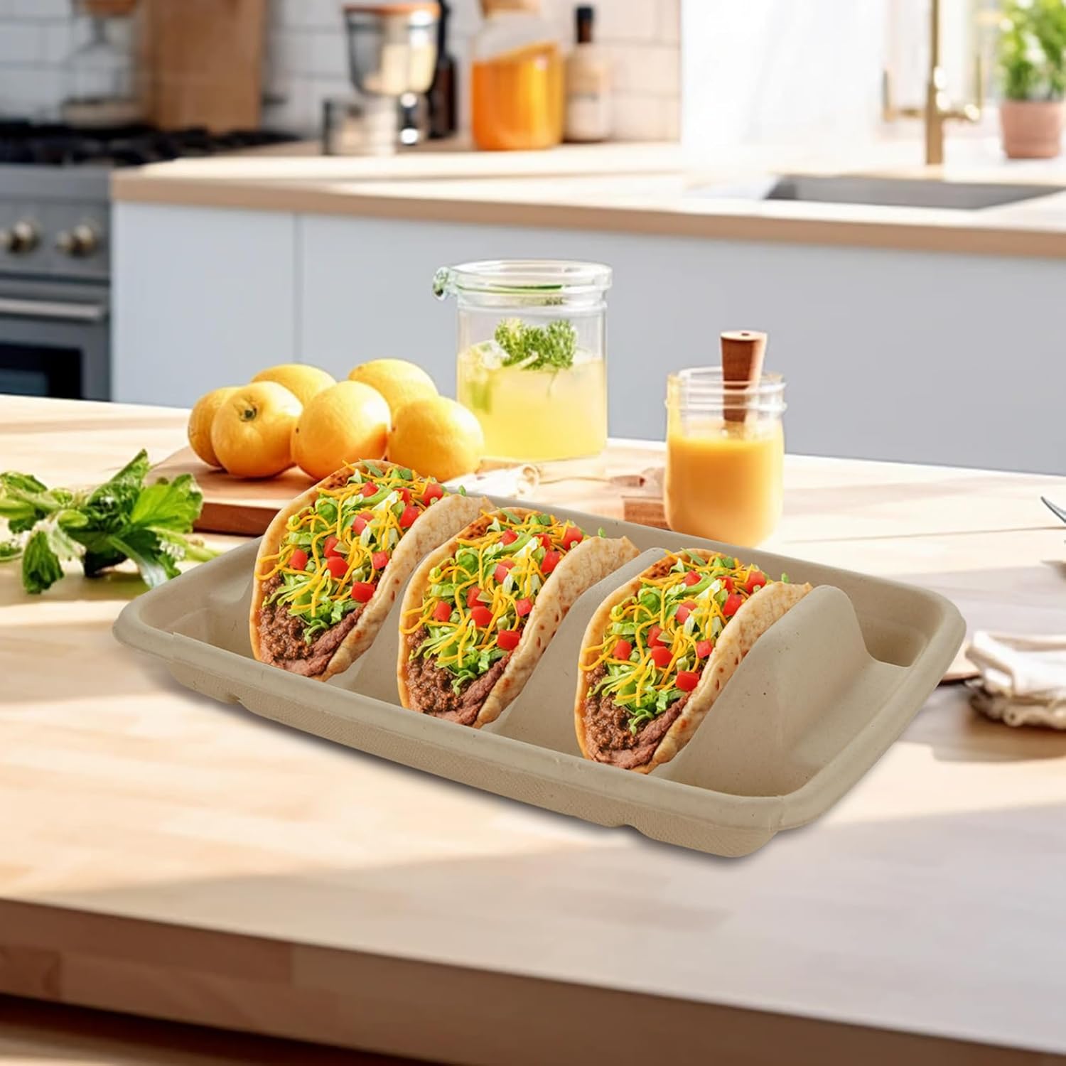 50PCS Disposable Taco Holders with Lid, Paper Taco Plates with Dividers, Paper Tray for Lazy Susan, Taco Stands for 3 Tacos Fiesta Taco Trays Disposable for Party