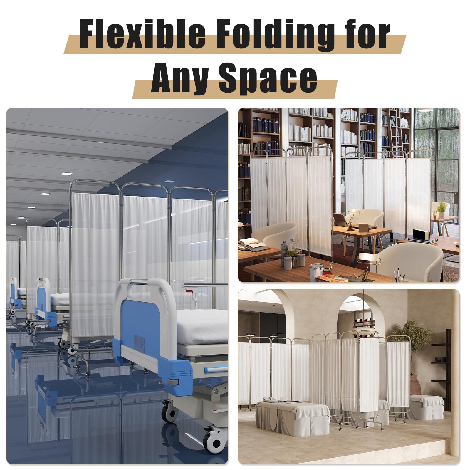 Brise-vue médical, 4 rideaux pliables de séparation de pièce sur roulettes 200 x 180 cm en acier inoxydable pour hôpitaux, maisons de retraite, station médicale temporaire
