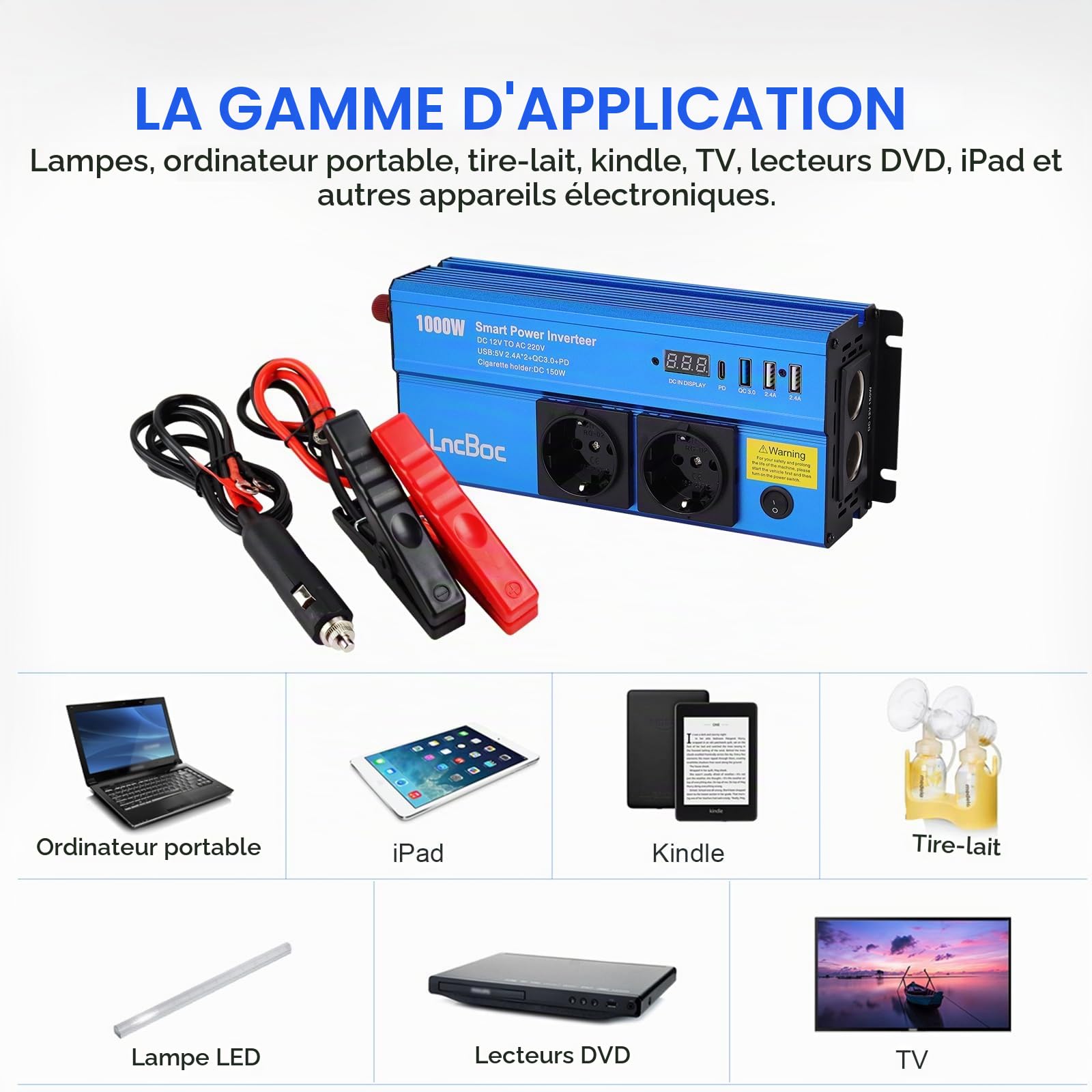 Inverter 12v 220v 1000W Inverter Trasformatore | Caricatore per Auto 2 Alimentazione Standard Europen 4 Porte di Ricarica (1 Chargeur Rapide QC3.0, 1 PD, 2 USB Porte 2.4A)