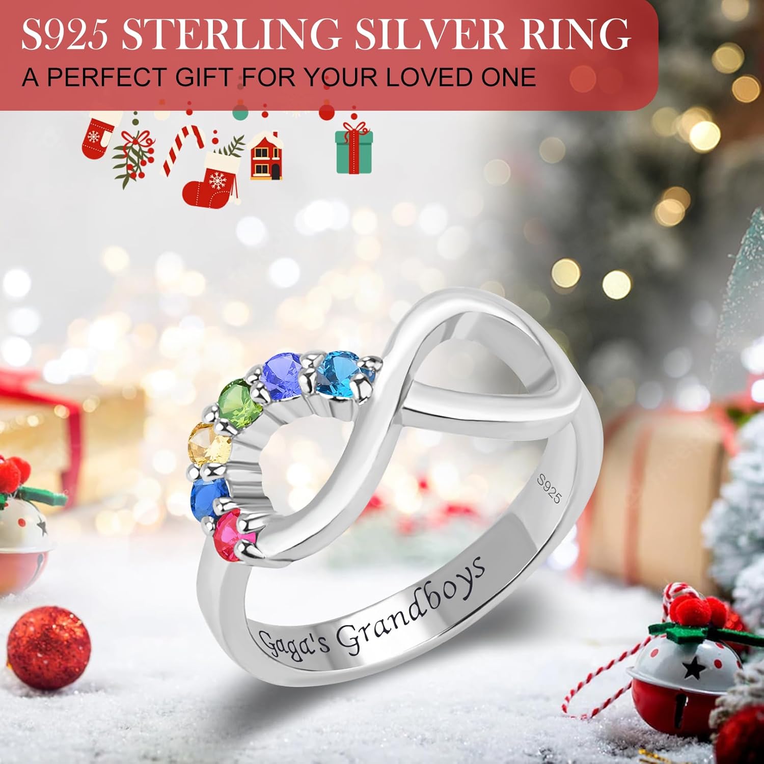 S925 Sterling Silver Infinity Mothers Rings for Women Personalized Birthstones Ring for Mother with 1-10 Birthstones Custom Family Ring for Mother Grandmother
