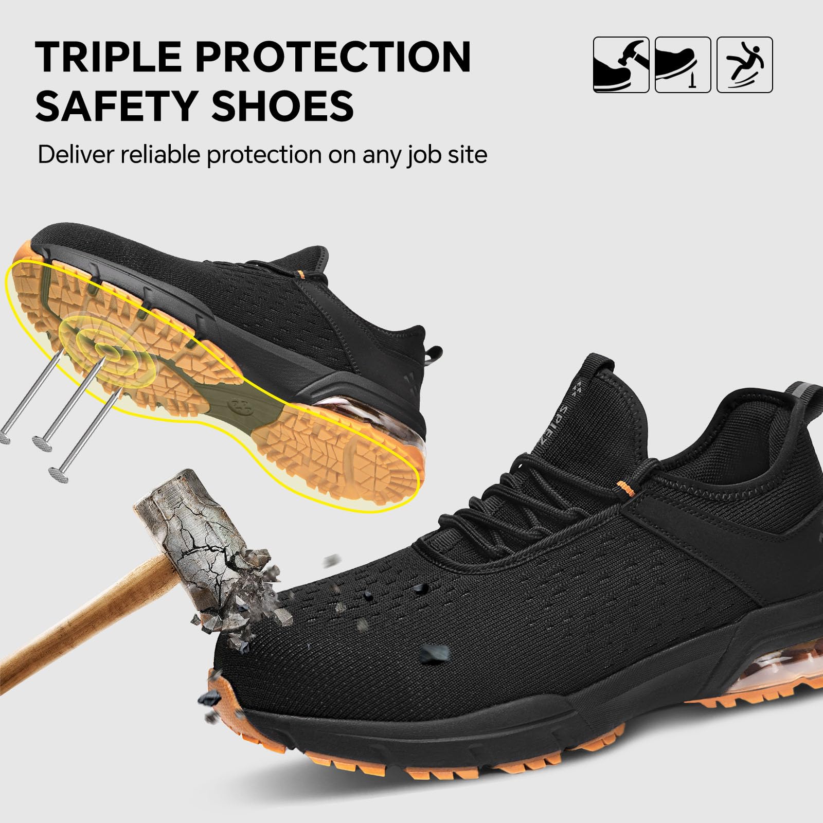 SPIEZ Scarpe di Sicurezza per Uomini e Donne - Punta composita Non in Acciaio con Cuscino d'Aria, Design Leggero da Scarpe da Ginnastica, comode da Indossare a Mani libere, Nero Arancione EU 36-46