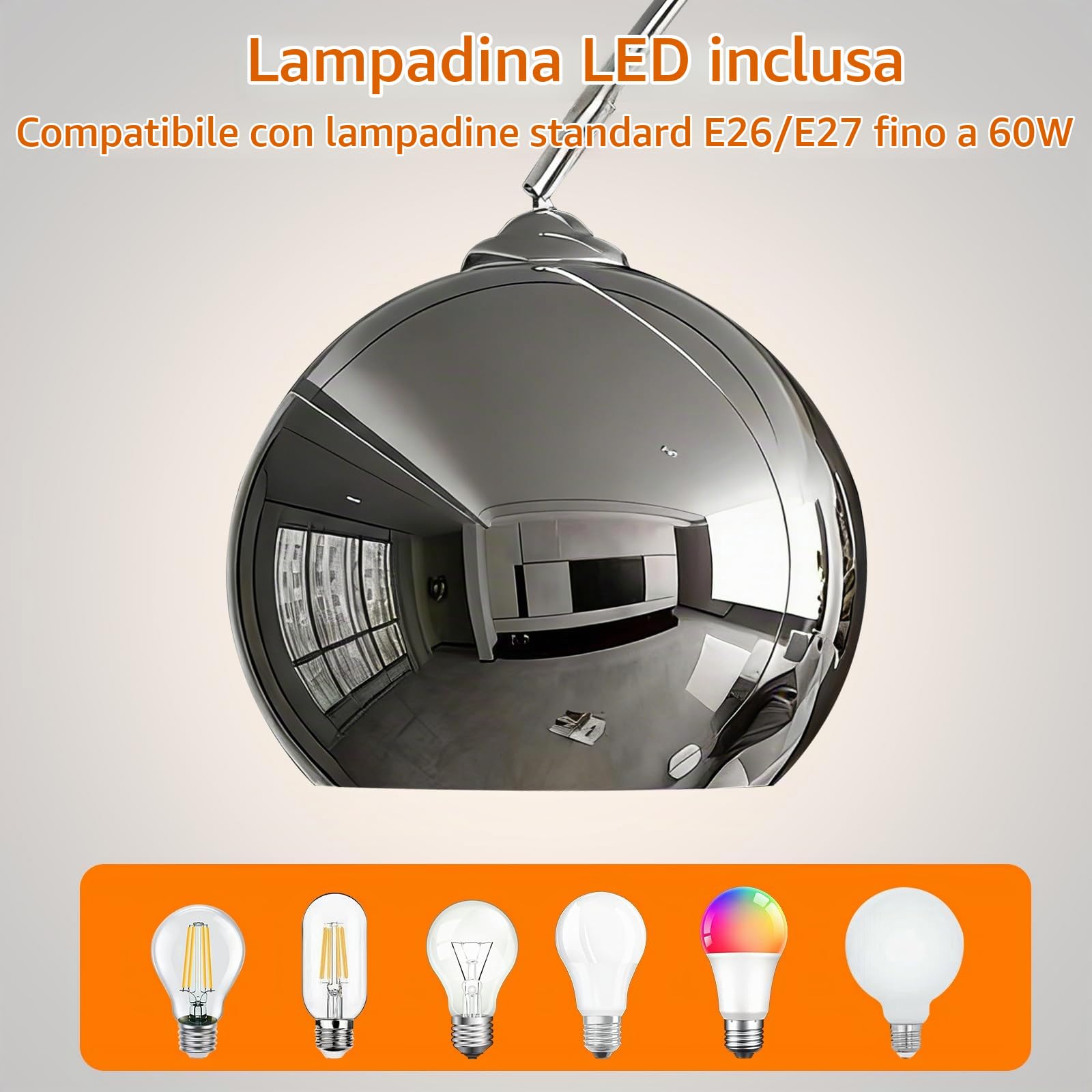 Lampada da terra moderna cromata, lampada da terra ad arco in metallo argentato con testa regolabile, elegante lampada da terra alta 70,9 pollici, lampade da lettura per soggiorno