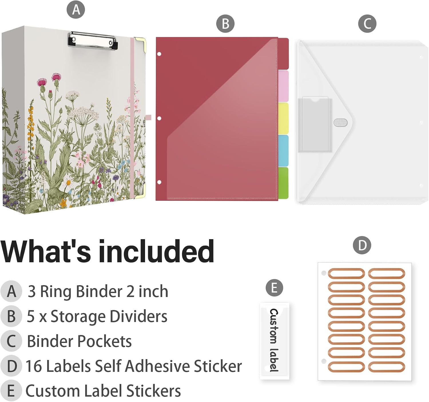 3 Ring Binder 2 Inch for Letter Size 8.5" x 11" Paper, Clipboard Binder with 5 Tabbed Dividers with Pockets, Plastic Folder and 16 Divider Stickers, School and Office Supplies, Garden Flowers