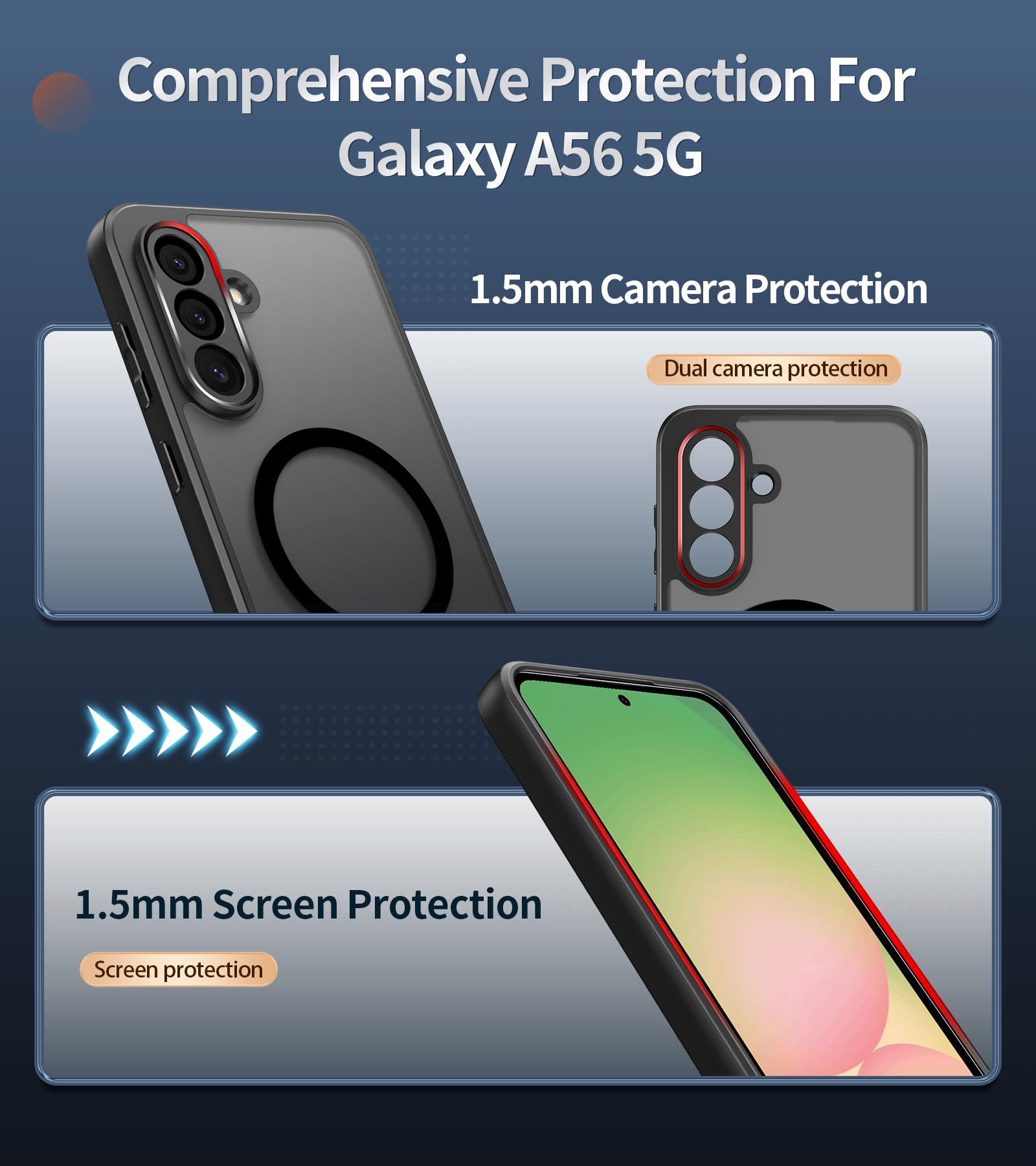 Opkiegrn Magnetica Cover per Samsung Galaxy A56 5G con 2 Pezzi Vetro Temperato, Compatibile con MagSafe, [Antiurto Grado Militare] Custodia Posteriore Glassata Nero